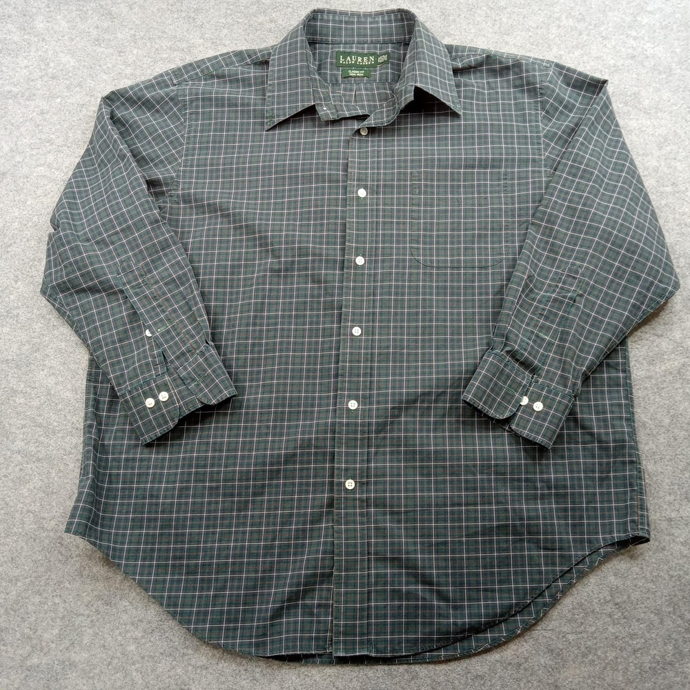LRL Ralph Lauren Shirt Mens 17.5 32/33 Green Blue Plaid Classic Fit Non‎ Iron